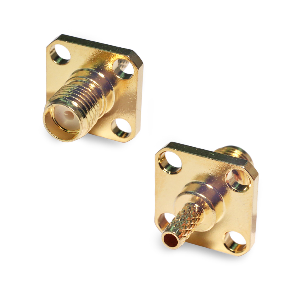 Разъем SMA(female) под кабели RG-174, RG-316, обжимной, на корпус, фланец, 4 отв. диам. 2,5 мм 8,5х8,5 мм